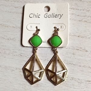 😻3 For $15 Lime Green Lucite Gem Gold Tone Caged Geometric Dangles